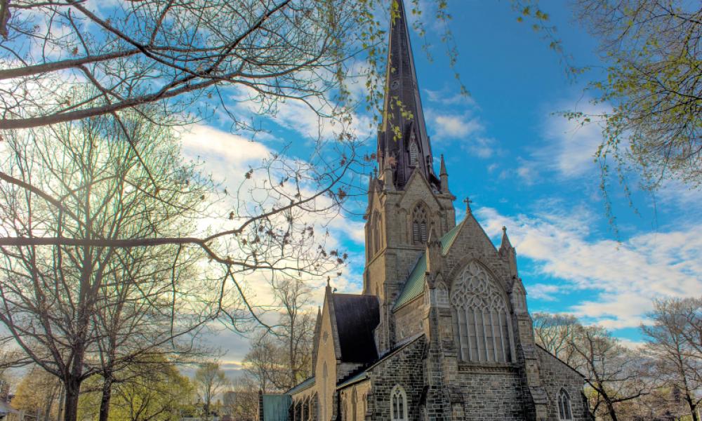 exterior shot of the Cathédrale Christ Church framed by trees with budding green leaves