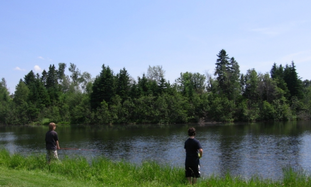 two men fishing at the edge of a river in a park